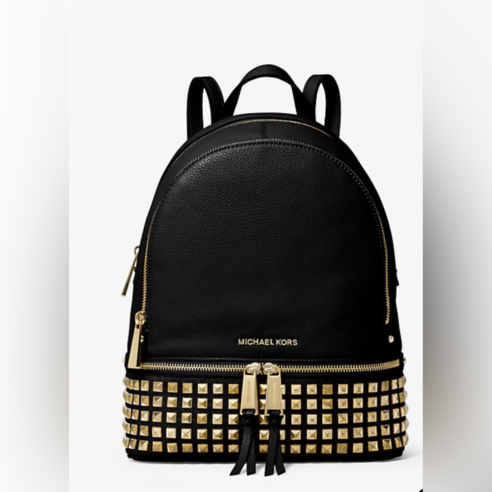 RHEA MICHAEL KORS STUDDED PEBBLED LEATHER BLABK BACKPACK